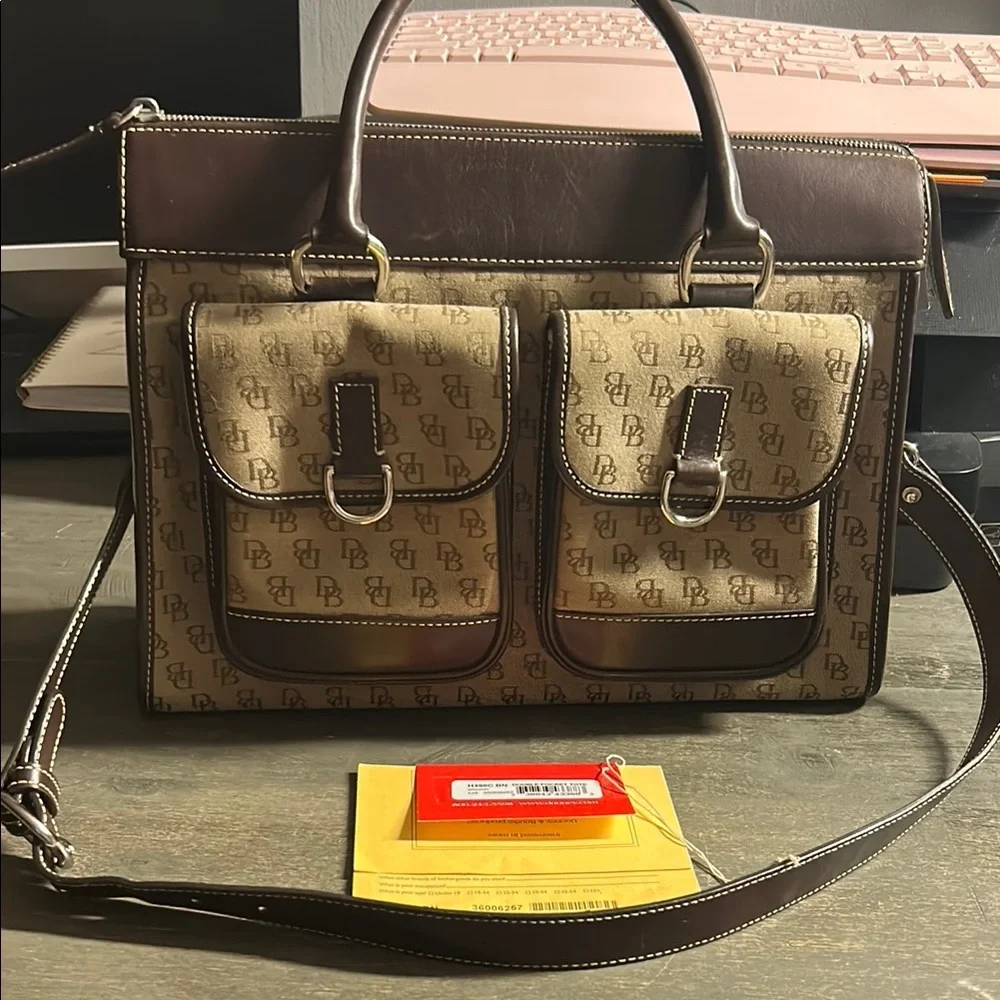 Dooney &‎ Bourke Double Pocket Tote - Signature Monogram Tan & Brown